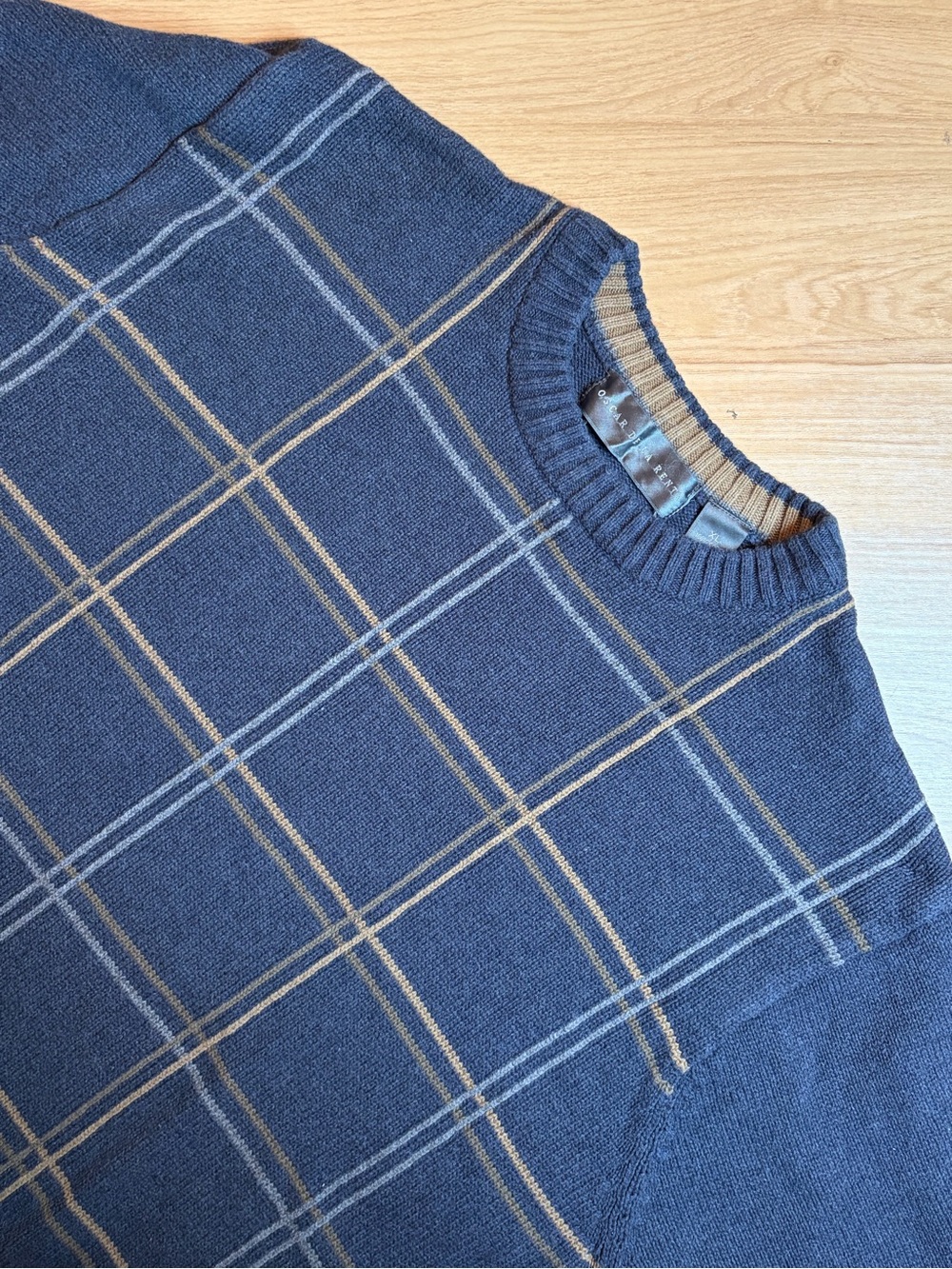 Oscar De La Renta Men’s Blue & Beige Plaid Cotton Sweater XL